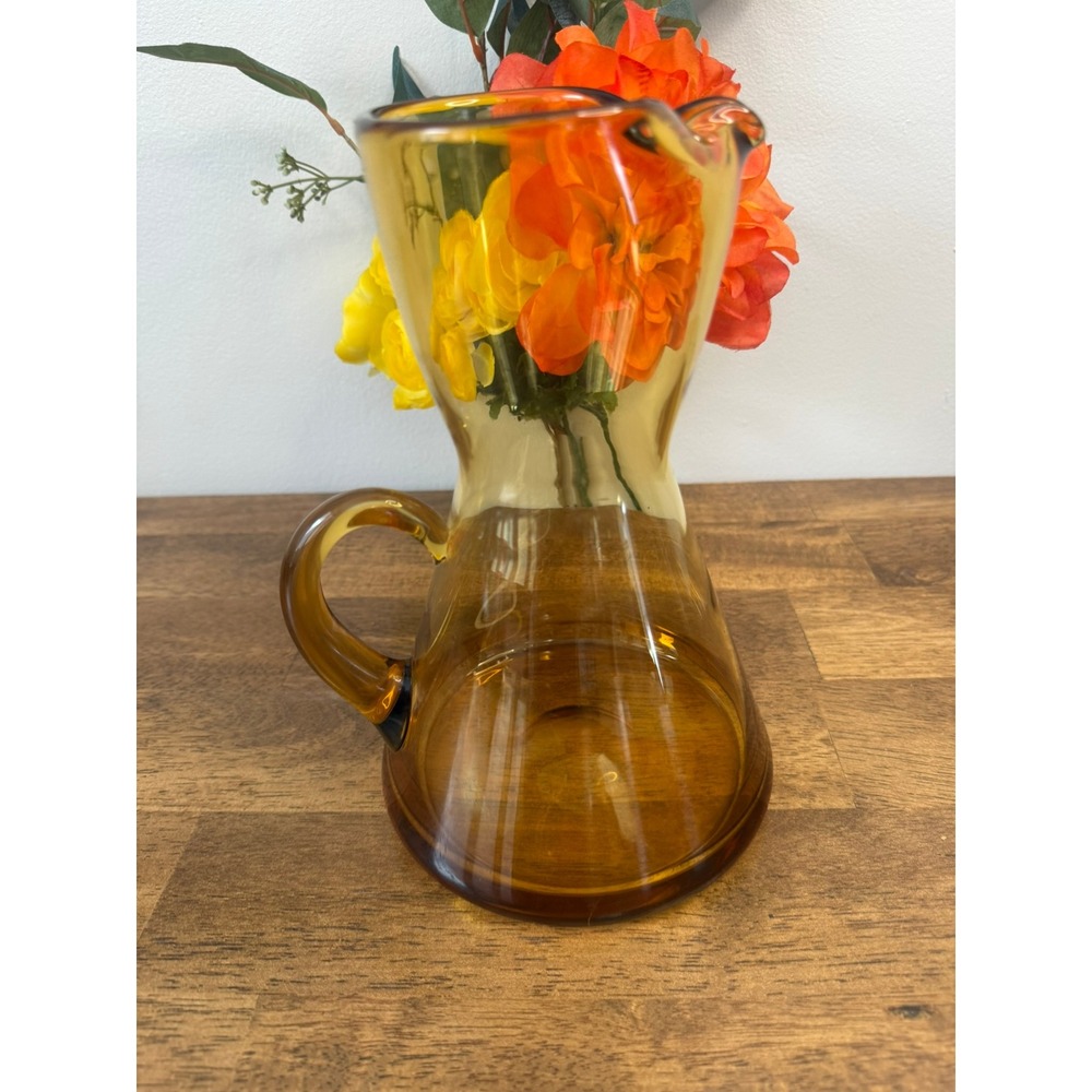 Vintage Amber Handβ Blown Art Glass Pitcher Pedestal Base MCM Barware Decor Bar - Picture 8 of 10